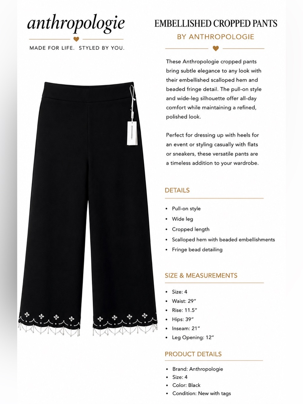 Anthropologie Black Embellished Cropped Wide-Leg Pants